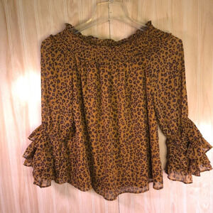 CeCe Leopard Print Off Shoulder Ruffled Sleeve Sheer Top‎ Size XS Mobwife Boho